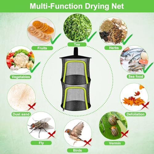 2 Layer Herb Drying Rack, Small Herb Drying Rack Hanging Mesh, Foldable Fish Drying Net with U-Shaped Zipper, Hooks, for Drying Herbs Plants, Flowers, Fruits, Food, Camping(2 Layers-11.81'')