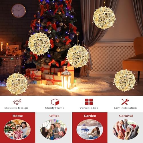 Outdoor Christmas Balls Lights 4 Pack 7.1" Hanging 8 LED Modes（Warm White）