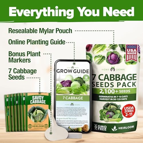 HOME GROWN Cabbage Seeds 7 Variety Mix 2000+ Heirloom Non-GMO, High Germination, Bok Choy, Red & Green Acre, Savoy, Napa Michihili, Copenhagen Market, Jersey Wakefield, Cold Hardy