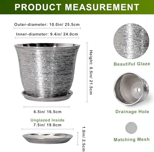 10 Inch Plant Pot, Ceramic Planter with Drainage Hole, Silver