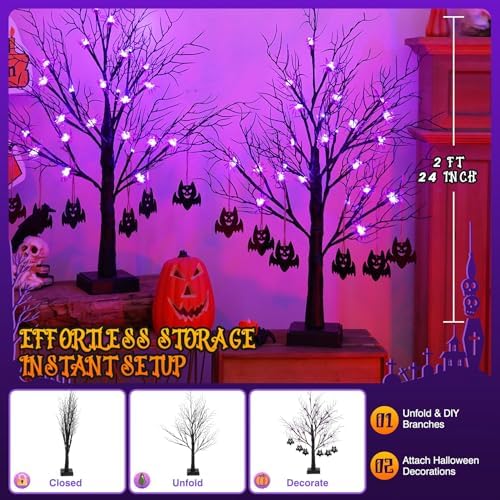 Black Halloween Spooky Trees - 2 Pack 2FT Halloween LED Light Up Tree with 40 Spiders 12 Bats, Auto Timer, Battery/USB Powered, Bendable Branches for Tabletop Indoor Outdoor Decor
