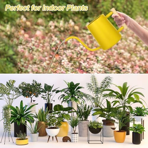 Watering Can Indoor Plants, 35 oz/1000 ml Metal Stainless Steel Watering Can Pot with Long Spout for Indoor House Plants Bonsai Outdoor Garden Flower Decorative (Yellow)