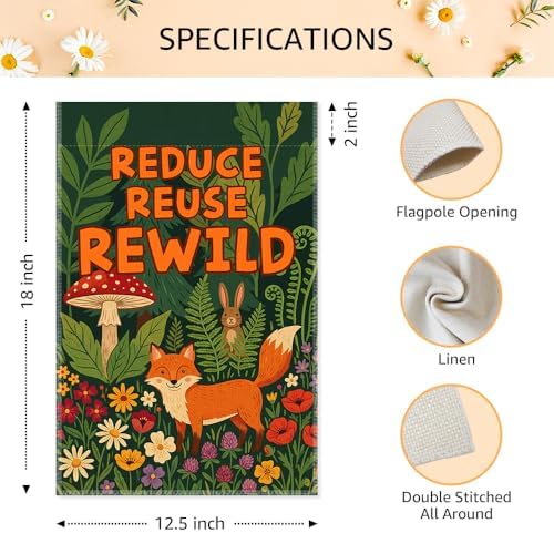 Reduce Reuse Rewild Garden Flags for Outside, Sustainable Garden Flag, Porch Banner for Nature Lovers, Eco-Friendly Yard Sign, Earth Day Front Porch Decor, Cut Fox with Forest Sign Yard Flag