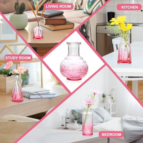 Glass Pink Bud Vase Set of 18,Small Glass Vintage Vases for Flowers