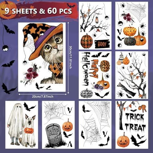 AhfuLife 60Pcs Halloween Window Clings, 9 Sheets Reusable Halloween Ghost Window Stickers Removable Stickers for Kids Home Window Indoor Party Decorations