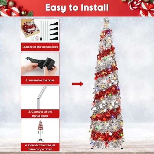 5FT Christmas Trees with 90 Lights, Collapsible Artificial Sequin Pop Up Christmas Tree, Tinsel Slim Pencil Christmas Tree for Home Holiday Fireplace Party Indoor Outdoor Xmas Decorations (Sliver&Red)