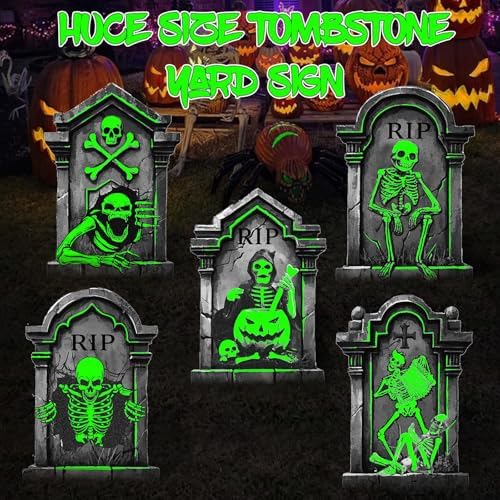 25.2in Halloween Tombstones Outdoor Decor Glow in The Dark - 5PCS Large Tombstones for Graves Halloween Gravestones Decorations Yard Signs