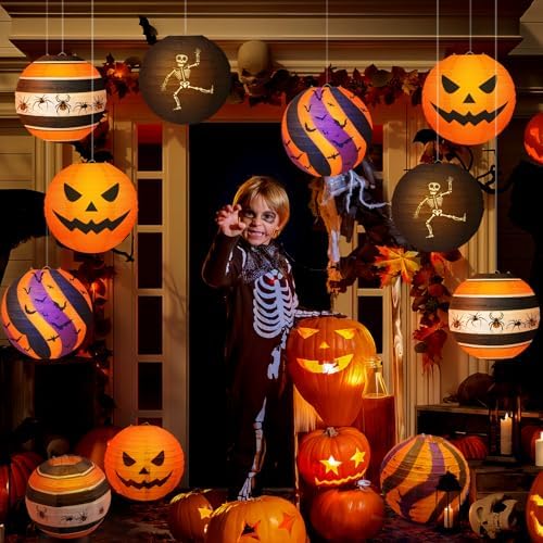 Halloween Paper Lanterns, 12 Pack, 8 Inch Hanging Party Decor, 4 Designs