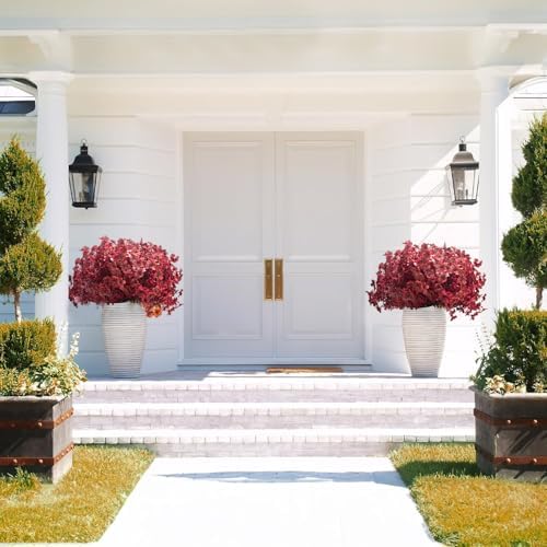 Grunyia 16 Bundles Artificial Boxwood Flowers Outdoor UV Resistant, 13.5" Fall Faux Greenery for Porch Planters Thanksgiving Decor - Fake Plants for Garden, Fireplace, Front Door(Wine Red)