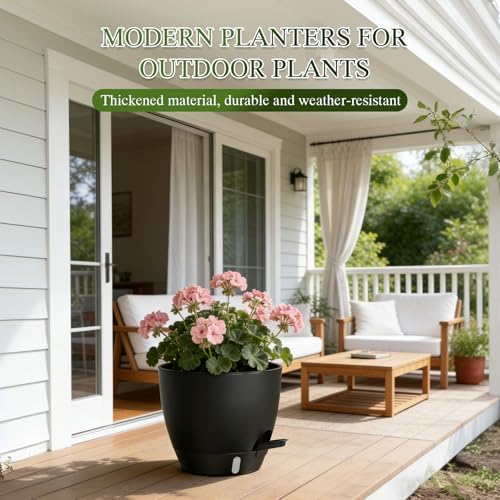 Self Watering Pots with Drainage Holes, 2 Pack 10 Inch Plant Pots with Water Level Indicator Deep Reservoir, Large Plastic Planter for Indoor Outdoor Plants - Black