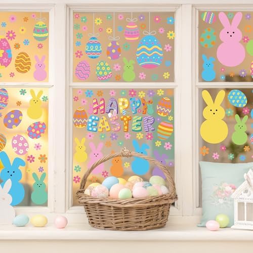 9 Sheets Easter Window Clings, 152PCS Double Sided Easter Party Clings for Glass Windows with Bunny Egg Flower, Reusable Happy Eggs Bunny Window Decals Stickers for Home Office Decorations