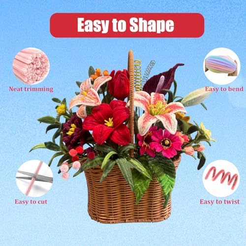400 Pcs Pipe Cleaners Craft Set, 5 Assorted Red Pipe Cleaners Bulk, Chenille Stems for DIY Flower Making Kit with Floral Stems, Gardening Tape, Stamen, Ribbon for DIY Bouquet Gift (Red)