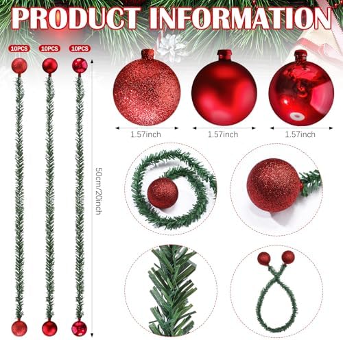 Dingion 30 Pcs 20 Inches Christmas Garland Ties with Balls Decorative Twist Ties for Banister Stairs Railing Reusable Flexible Twist for Home Xmas Holiday Decor Gift Craft Wrapping(Red)