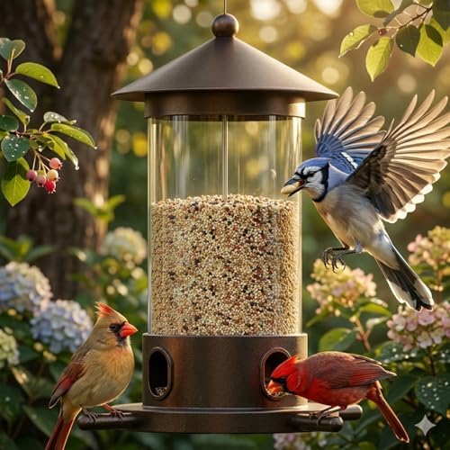MrCrafts Metal Bird Feeder for Outdoor Hanging - Premium Iron Wild Bird Feeders, Bronze Heavy Duty Iron with Drainage Holes, One-Handed Refill Sliding Roof, Elegant Minimalist Garden Decor