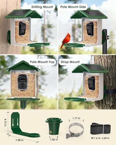 Smart Bird Feeder with Camera Solar Powered 2K Video AI Identify 32GB Card