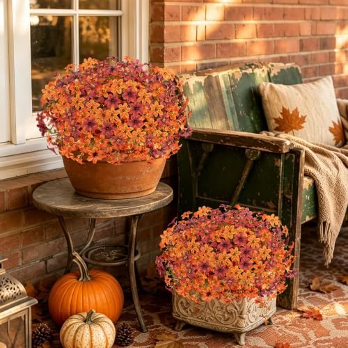 12 Pcs Artificial Fall Flowers for Outdoors, UV Resistant Fake Mums Porch