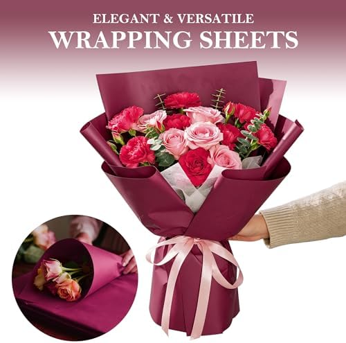 WRAPAHOLIC 20 Sheets Red Flower Wrapping Paper - 22.4 x 22.4 inch Cherry Red Water-Resistant Floral Bouquet Wrapping Paper, Florist Supplies Packaging for Valentine's Day Birthday Christmas Gift DIY
