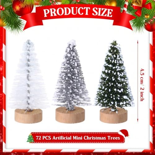 Sumind 72 Pcs Mini Christmas Trees Bottle Brush Sisal,White, Silver, Green