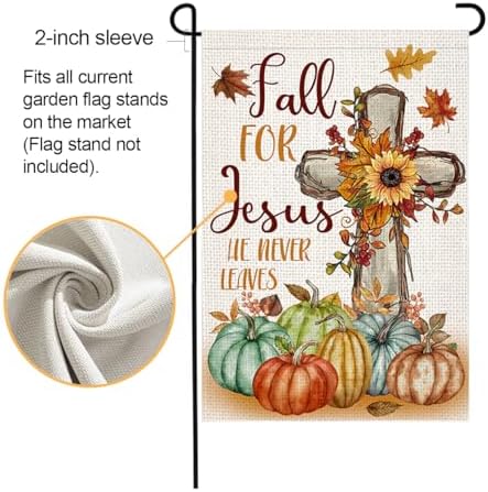 LosFong Christian Fall Garden Flag 12x18 Inch Double Sided Burlap Fall for Jesus He Never Leaves Maples Cross Pumpkin Thanksgiving Small Yard Flag for Outside Decoration (Fall)