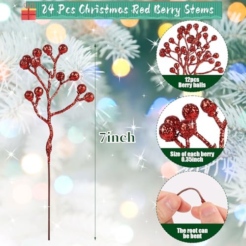 CCINEE 24 Pack Christmas Artificial Red Berry Stems,6.9 Inch Xmas Red Glitter Berry Picks Holly Branches for Christmas Tree Ornaments Xmas Wreath DIY Crafts Home Holiday Decor