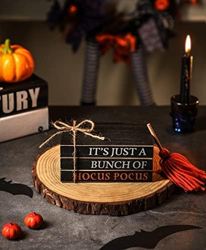 Halloween Wood Book Stack, Hocus Pocus Mini Faux Books Bundle, Halloween Tiered Tray Decor for Home Table Mantle Shelf