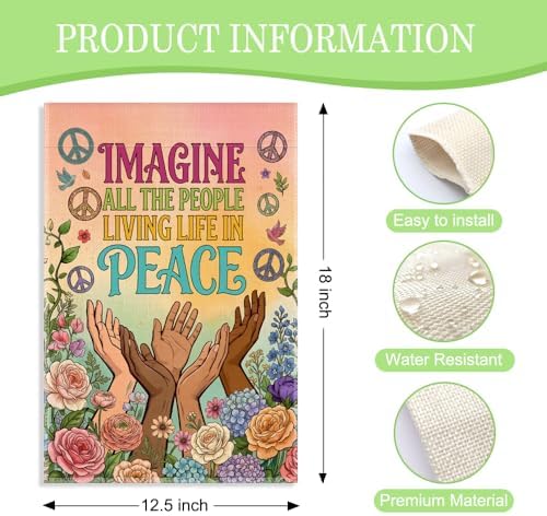 Imagine All The People Living Life In Peace Garden Flag, 12 x 18 Inch Double Sided Floral Unity Decor Yard Flag, Inspirational Kindness Equality Outdoor Banner Gifts for Friend Neighbor Family