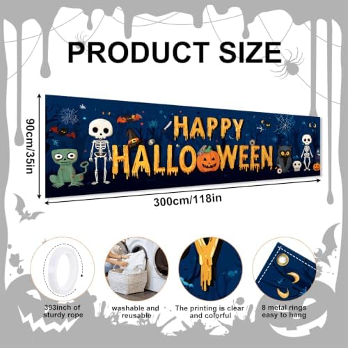 118"x35" Extra Large Happy Halloween Banner Big Spooky Halloween Backdrop for Giant Outdoor Yard Easy Hang with Ropes&Grommets–Perfect for Fence, Porch, Garden, Haunted House Party Signs (Monster Doodle, 118"x35")