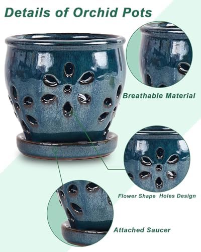 vensovo 5 Inch Ceramic Orchid Pot with Holes and Saucer, Blue