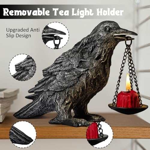 Gothic Crow Lamp with Tealight Candle Holder Resin Raven Decor Statue Gothic Home Decor for Bedroom Unique Goth Gifts Half Silver 2P