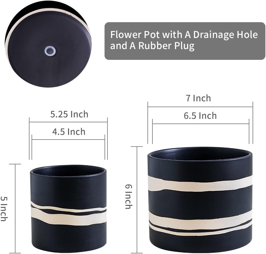 Nihow Ceramic Modern Plant Pot with Drainage for Indoor Plants,5+7 inch | set of 2,Black,Cylinder Flower Pot with