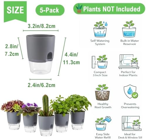 3.2 Inch Self Watering Planters 5 Pack Plastic Wicking Pots Grey