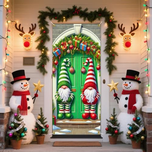 Twin Gnomes Red Green Striped Hats Christmas Door Cover 35x71in