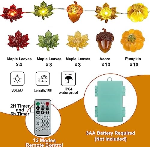 Thanksgiving Lights 10FT 30 LED Fall Lights 3D Pumpkin Maple Leaf Acorn