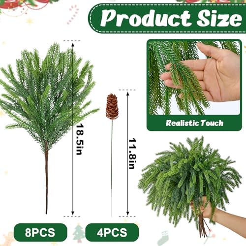 8PCS Christmas Norfolk Pine Branches with 4 Pine Cone Stems