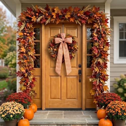 VitalCozy Wreath Sash for Front Door Fall Orange Stripe Satin Ribbon