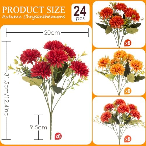 24 Pcs Artificial Mums Flowers for Outdoor, UV Resistant Fake fall Chrysanthemums Marigold Plant, Autumn Floral Arrangements for Outside, Garden, Yard (24, Orange, Burnt Orange, Red, Burgundy)