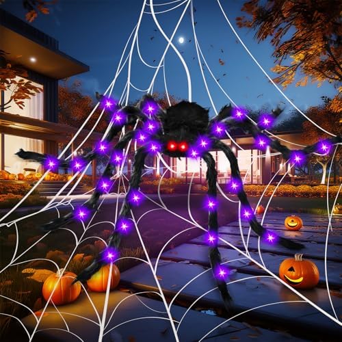 Thuodo 6.6 FT Giant Halloween Light Up Spider, Purple Glowing Hairy Spider