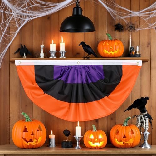 VitalCozy 6 Pcs Halloween Flag Buntings for Outside 3 x 1.5 Feet Orange Black Purple Pleated Fan Flags Halloween Half Fan Flag Banners for Indoor Outdoor House Holiday Parade Party Decor