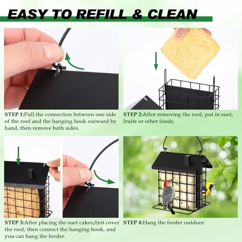 Gbekery All-Metal Double Suet Bird Feeder for Outdoors Hanging, Suet Cake Cage Holder with Weather-Resistant Roof & Perch for Outside Garden, Black