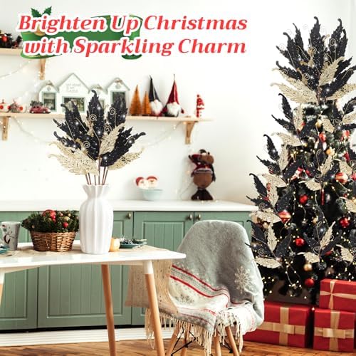 HyDren 10 Pcs Christmas Glitter Leaves Ornaments, Gold and Black