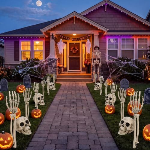 Chunful 18 Pcs Halloween Skeleton Stakes Decoration, Skull Head Arms, White