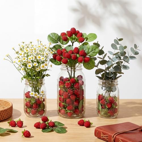 Hoteam 10 Pcs Artificial Raspberries Stems 11 Inch with Leaves, Red