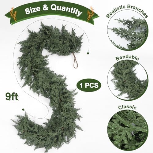 Jutom 1 Pcs 9 ft Artificial Cedar Garland for Christmas