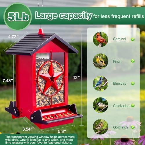 Squirrel Proof Bird Feeders for Outdoors with Weight-Activated, Metal 5LB Large Wild Bird Feeders for Cardinals,Blue Jay,Finch, Weatherproof Durable Hanging Bird Feeder for Backyard,Garden (Red)