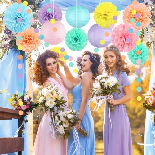14 Pcs Pastel Party Decorations, Paper Pom Poms Lanterns Garland, 8/10 Inch