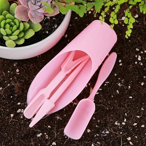 4 Pcs Pink Set Mini Garden Soil Spoon Plastic Planting/Transplanting Garden Tool Set Indoor Mini Garden Plant Care Shovel Soil Cup Bucket Shovel Transplanting Tool Gardening Shovels