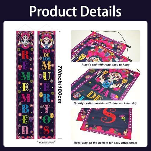 Dia De Los Muertos Porch Banner Sign Day of The Dead Door Decorations Sugar Skull Hanging Banner for Indoor Outdoor, 12 X 71 Inch