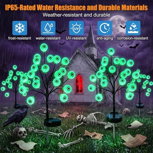 2PCS Solar Eyes Stake Pathway Lights, IP65 Waterproof Halloween Outdoor Decor with Steady On & Flash Lighting Modes，Solar-Powered Decor for Garden Yard Lawn Halloween Party (Green Eyes)