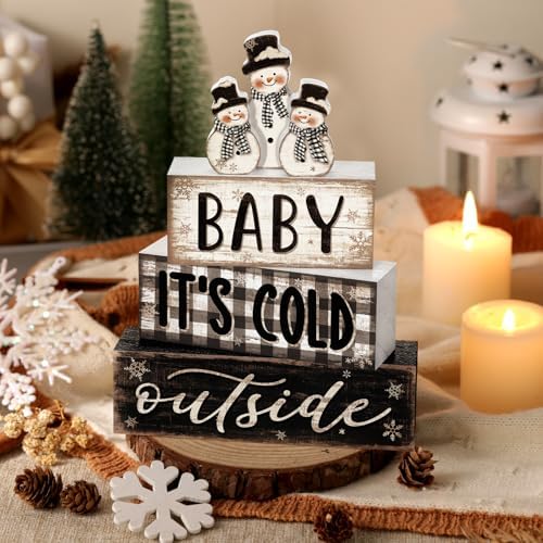 Yousoontic 4 Pcs Winter Snowman Plaid Figurines Set, Rustic Farmhouse Decor