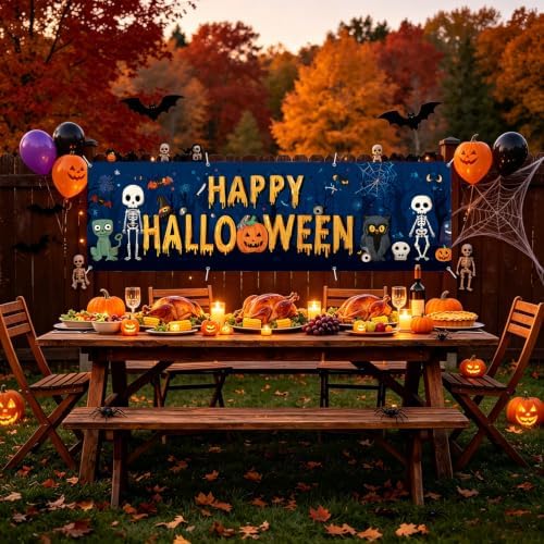 118"x35" Extra Large Happy Halloween Banner Big Spooky Halloween Backdrop for Giant Outdoor Yard Easy Hang with Ropes&Grommets–Perfect for Fence, Porch, Garden, Haunted House Party Signs (Monster Doodle, 118"x35")